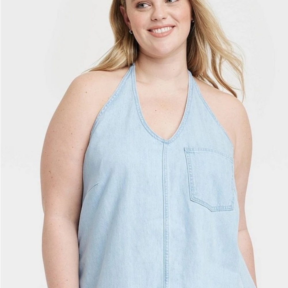 Light Blue Denim Halter Top. Tie Back